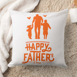 Orange Silhouette Dad Two Kids Hearts Kissen