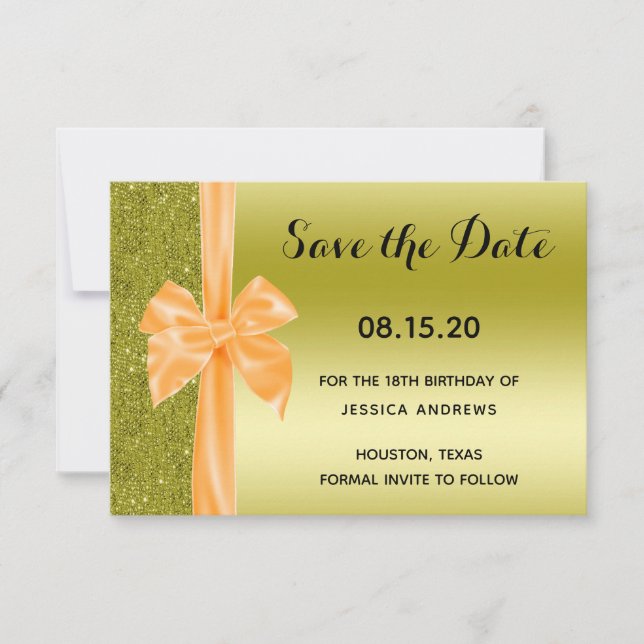 Orange Silk Bow Gold Glitter 18th Birthday Save The Date (Vorderseite)