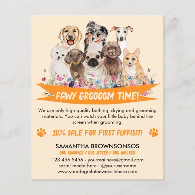 Orange Simple Floral Illustriert Dog Groomer Flyer (Vorne)