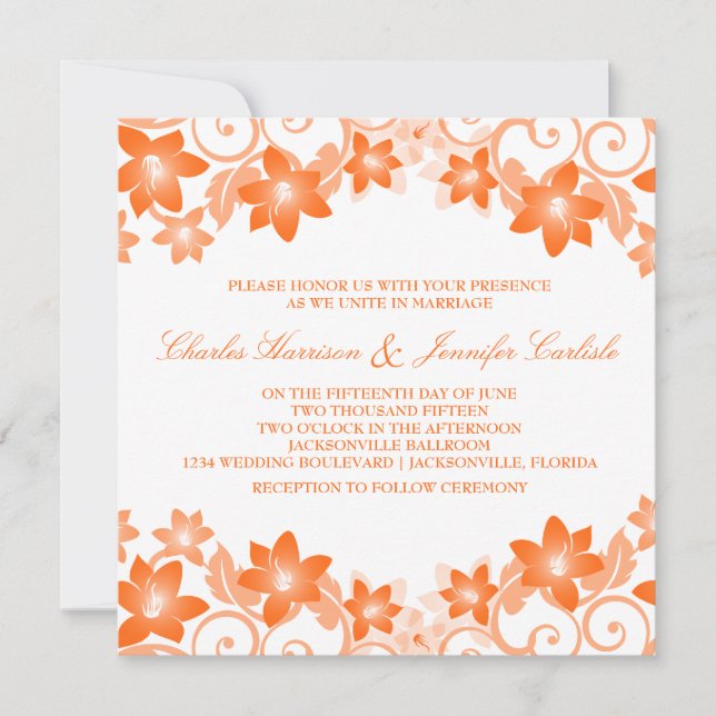 Orange Simple Floral Wedite Einladung (Vorderseite)