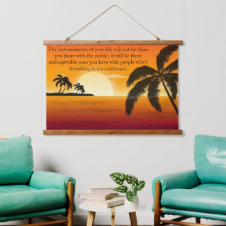 Orange Sky mit Palm Tree Silhouette Wandteppich Mit Holzrahmen