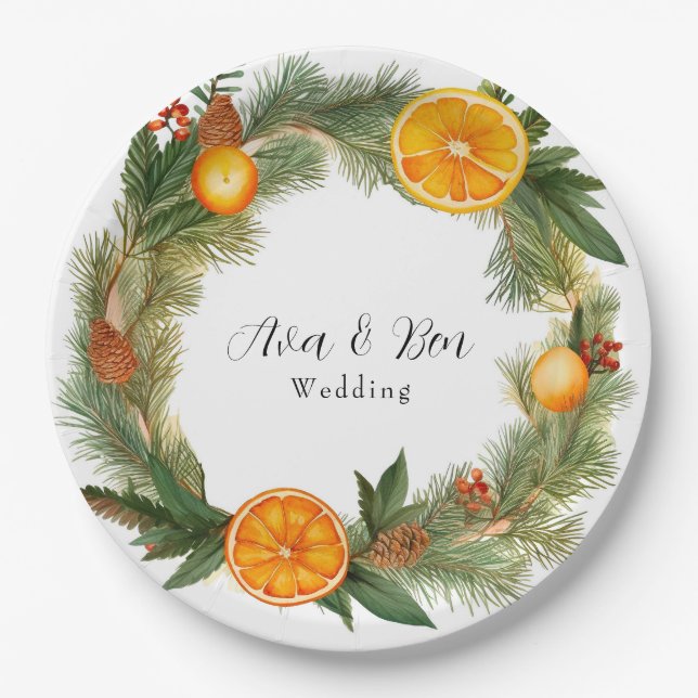 Orange Slice Green Pine Needles Wedding Pappteller (Vorderseite)