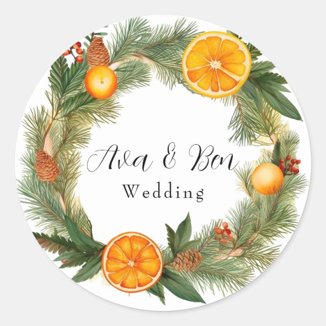 Orange Slice Green Pine Needles Wedding Runder Aufkleber (Vorderseite)