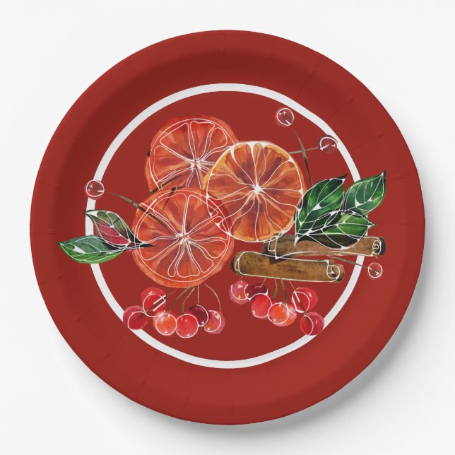 Orange Slices Cinnamon Sticks Berries Herbst Pappteller (Vorderseite)