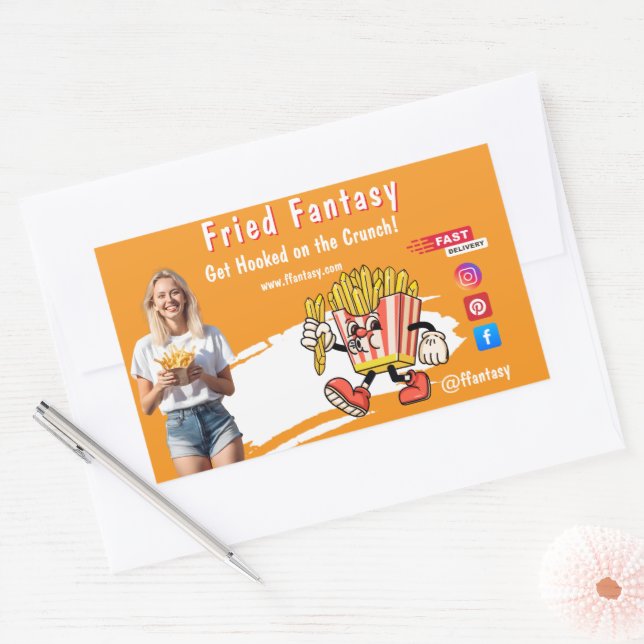Orange Smiling Blonde Woman Fries Family Fun Rechteckiger Aufkleber (Umschlag)