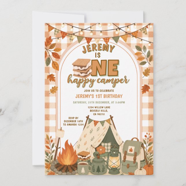 Orange S'mores Camping Jungen Camper Party Gingham Einladung (Vorderseite)