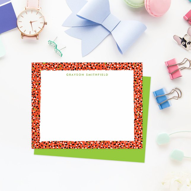 Orange Snow Leopard Print Personal Stationery Einladung (fun colorful orange and lime green leopard print border frame personal stationery note cards)