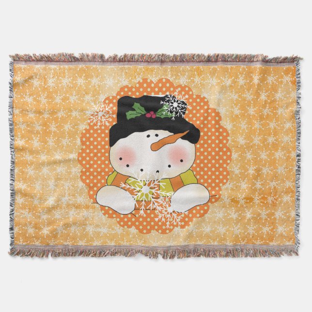 Orange Snowflake Snowman Holiday Throw Decke (Vorderseite)