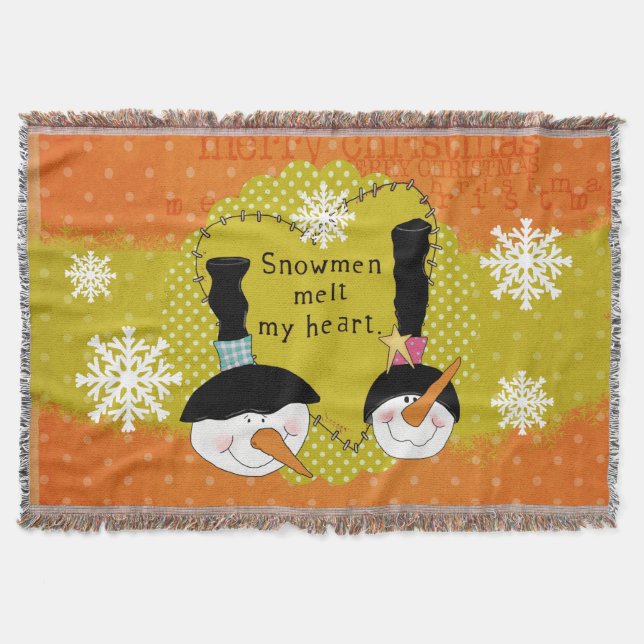 Orange Snowmen Melt My Heart Holiday Throw Decke (Vorderseite)