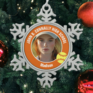 Orange Softball-Spielerin Foto High School Schneeflocken Zinn-Ornament