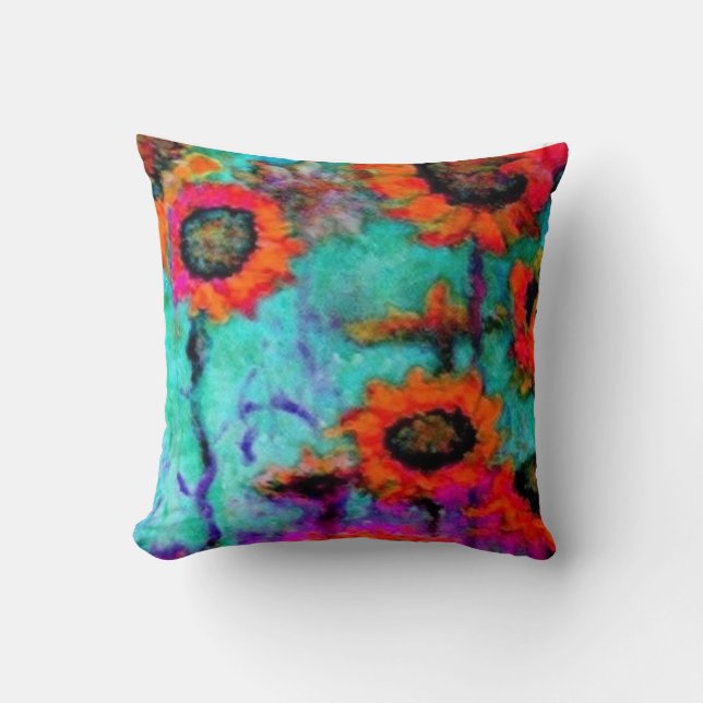 Orange Sonnenblume-Türkis-Kissen durch Sharles Kissen (Vorderseite)