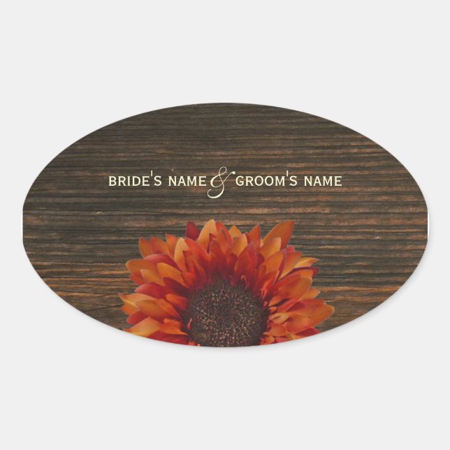 Orange Sonnenblumen und Barnwood-Hochzeitsticker Ovaler Aufkleber (Vorderseite)