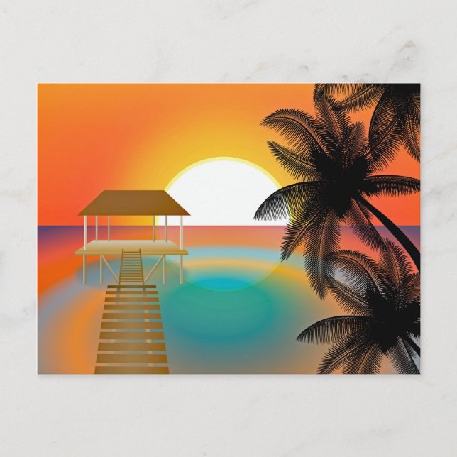 Orange Sonnenuntergang am Strand mit Palmen Zeichn Postkarte (Vorderseite)