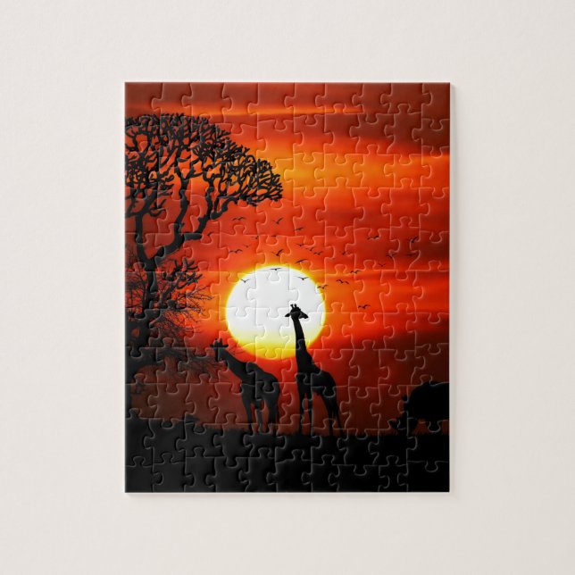 Orange Sonnenuntergang in der Giraffen-Silhouette Puzzle (Vertikal)