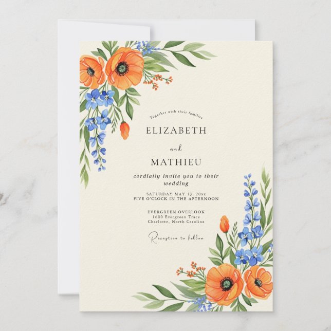 Orange Spirited Wildflower Wedding Einladung (Vorderseite)