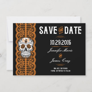 Orange Spitzen-Zuckerschädel Save the Dates 4,5x6, Date