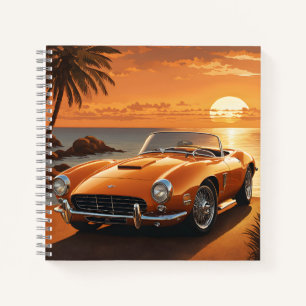 Orange Sportscar Sunset Tropical Beach Notizbuch