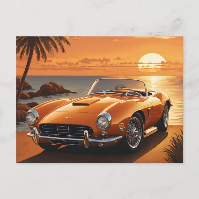 Orange Sportscar Sunset Tropical Beach Postkarte (Vorderseite)