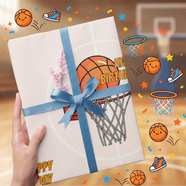 Orange Sporty Basketball Hoop Happy Birthday Geschenkpapier (Von Creator hochgeladen)