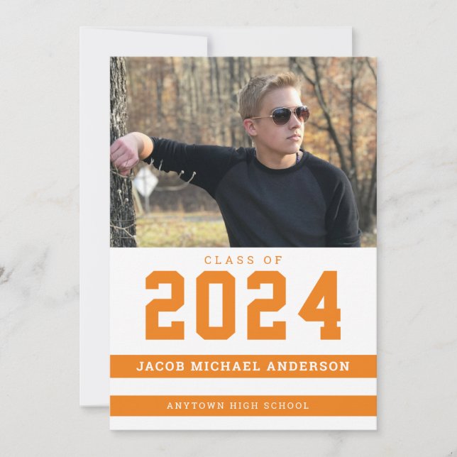 Orange Sporty Stripes Foto Graduation Party Einladung (Vorderseite)