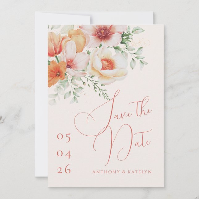 Orange Spring Summer Peach Floral Wedding Save The Date (Vorderseite)