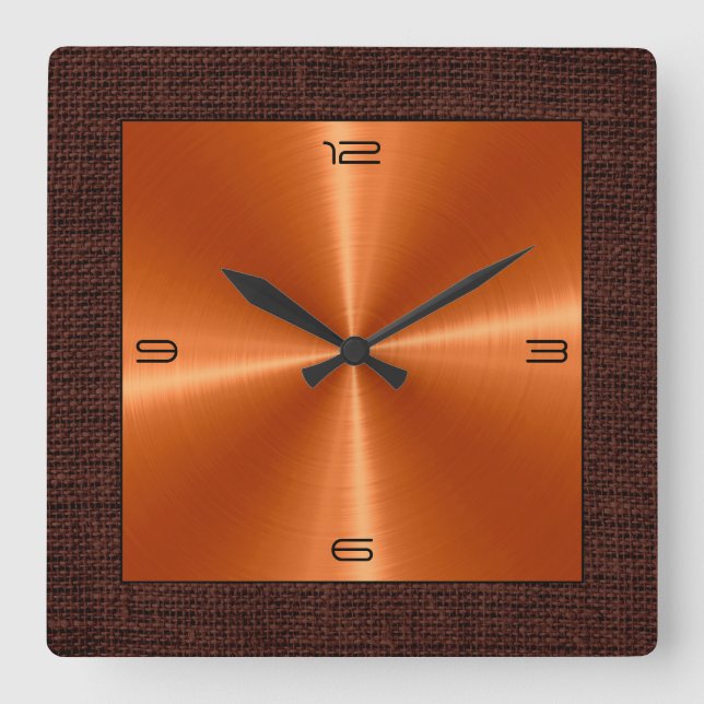 Orange Stainless Steel Modern Burlap Border Quadratische Wanduhr (Vorderseite)