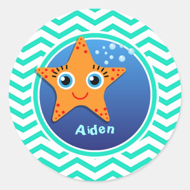 Orange Starfish; Aqua Green Zickzack Runder Aufkleber (Vorderseite)