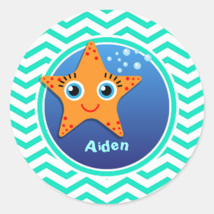 Orange Starfish; Aqua Green Zickzack Runder Aufkleber