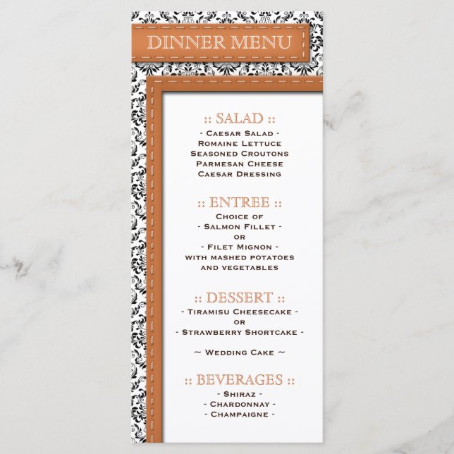 Orange Stitched Damask Wedding Empfang Menu Menükarte (Vorderseite)