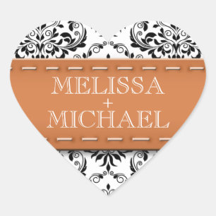 Orange Stitched Damask Wedding Heart Umschlag Aufk Herz-Aufkleber