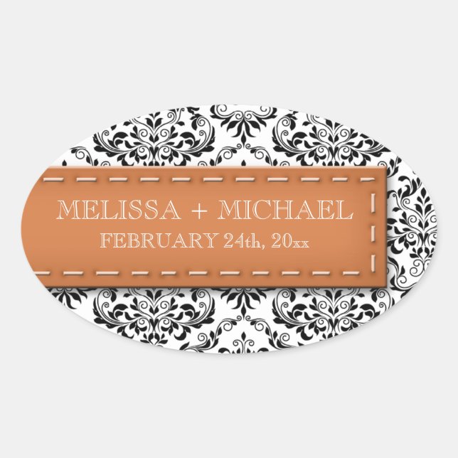 Orange Stitched Damask Wedding Large Favor Sticker (Vorderseite)