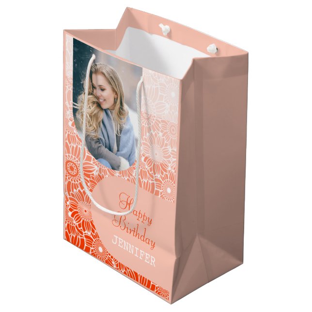 Orange Stripes Arch Foto Blumengeburt Mittlere Geschenktüte (Vorderseite Schrägansicht)