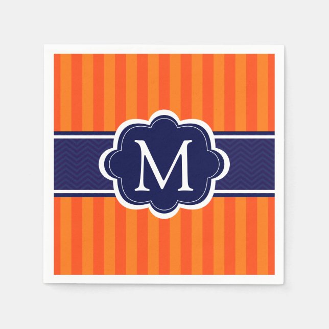 Orange Stripes Navy Blue Custom Monogram Initial Serviette (Vorderseite)