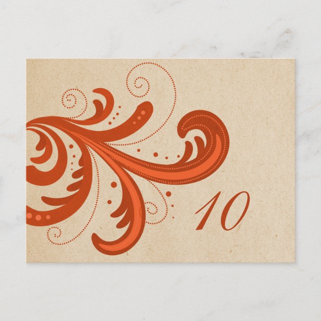 Orange Stylish Wirbel Tischnummer Postkarte (Vorderseite)