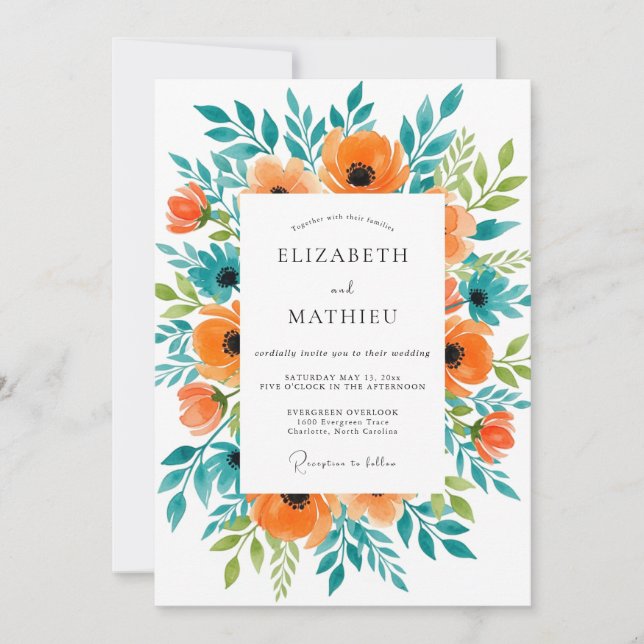 Orange Sublime Summer Botanical Wedding Einladung (Vorderseite)