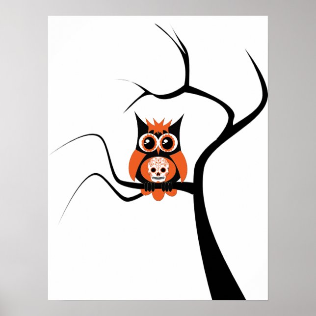 Orange Sugar Skull Owl in Baumposter Poster (Vorne)