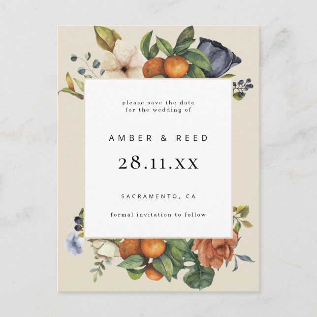 Orange Summer Floral Botanic Boho Save the Date Einladungspostkarte (Vorderseite)