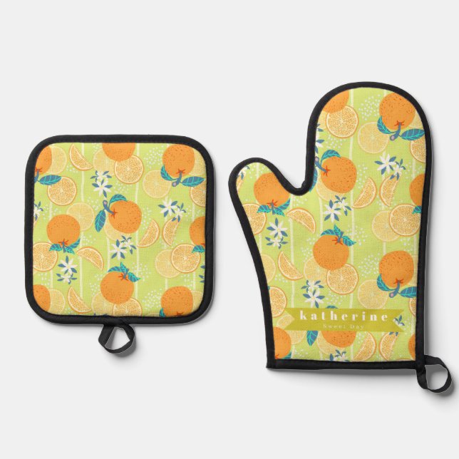 Orange Summer Green Ofenhandschuh & Topflappen-Set (Vorderseite)