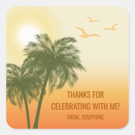 Orange Summer Sunset Palm Trees Birthday Thank You Quadratischer Aufkleber