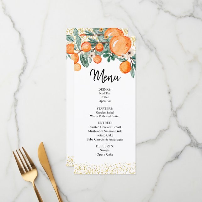 Orange Summer Wedding Menu Card Menükarte (Vorderseite/Rückseite Beispiel)