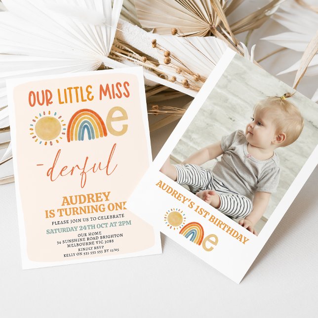 Orange Sun Rainbow Miss Onederful 1. Geburtstag Einladung (Our Little Miss Onederful 1st Birthday Invitation Template, Modern Miss Onederful 1st Birthday )