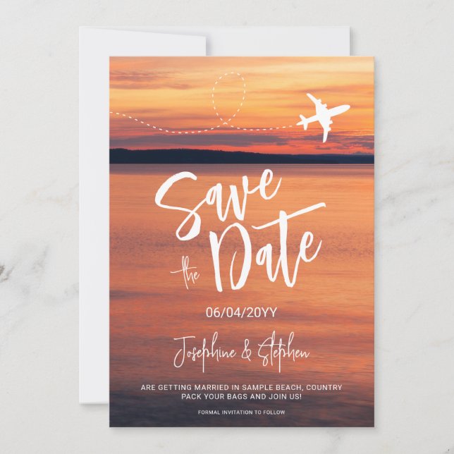 Orange Sunset Airplane Form Hochzeit in Urlaubsort Save The Date (Vorderseite)