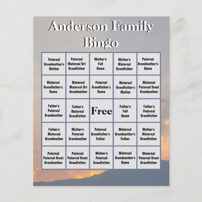 Orange Sunset and Mountain Family Foto Bingo (Vorderseite)