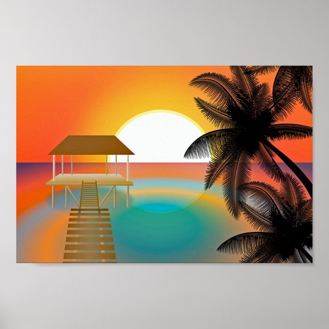 Orange Sunset Beach mit Palmenhain Poster (Vorne)