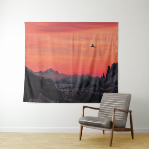 Orange Sunset Bird in Sky Wandteppich