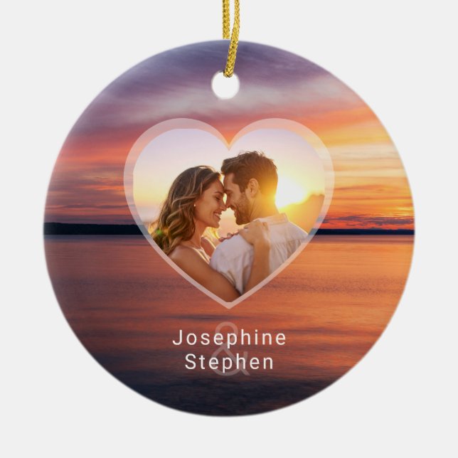 Orange Sunset Heart Couple Foto und Namen Keramik Ornament (Vorne)