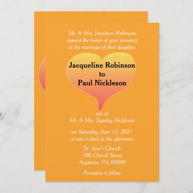 Orange Sunset Heart Wedding Einladung (Vorne/Hinten)