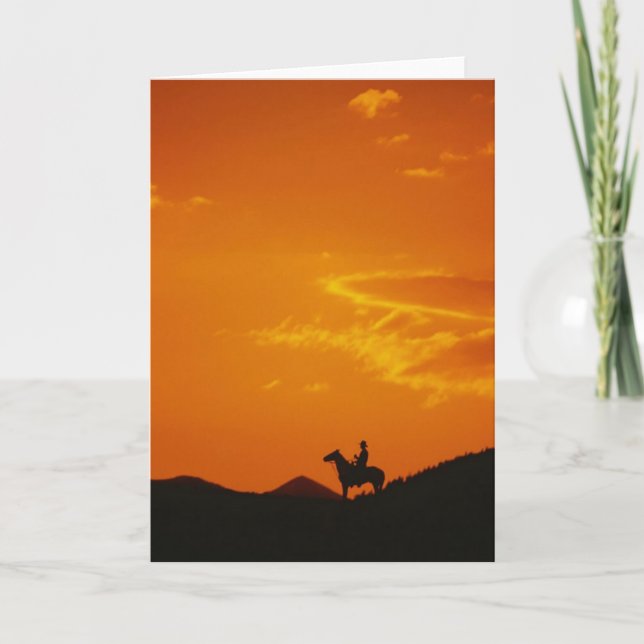 Orange Sunset mit Cowboy-Silhouette Karte (Vorderseite)