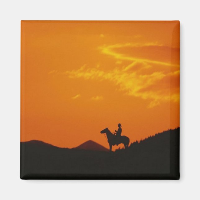 Orange Sunset mit Cowboy-Silhouette Magnet (Vorne)