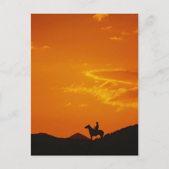 Orange Sunset mit Cowboy-Silhouette Postkarte (Vorderseite)